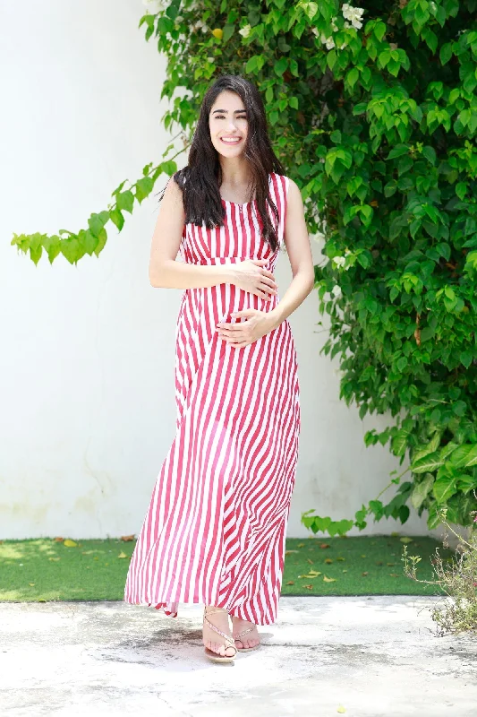 Breezy Red Striped Maternity & Nursing Long Maxi