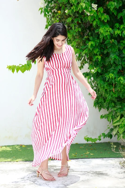 Breezy Red Striped Maternity & Nursing Long Maxi