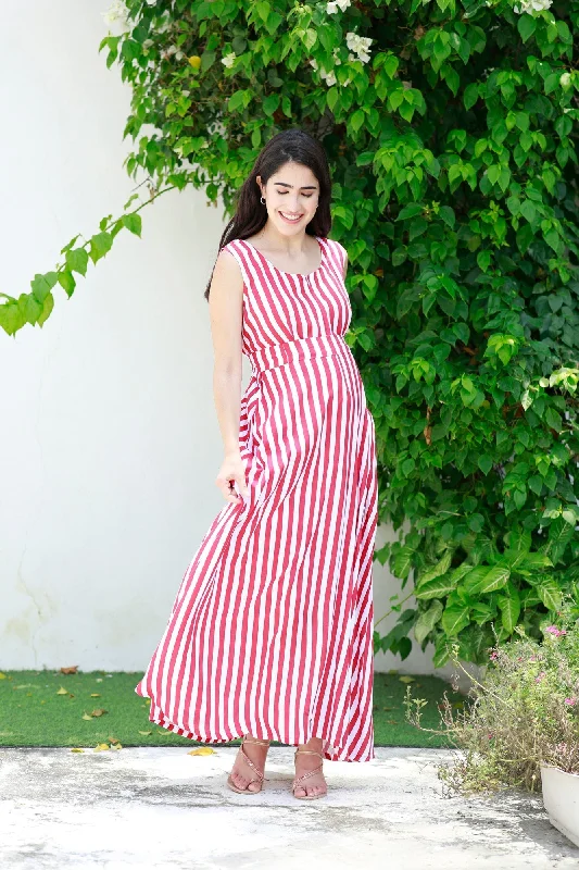 Breezy Red Striped Maternity & Nursing Long Maxi