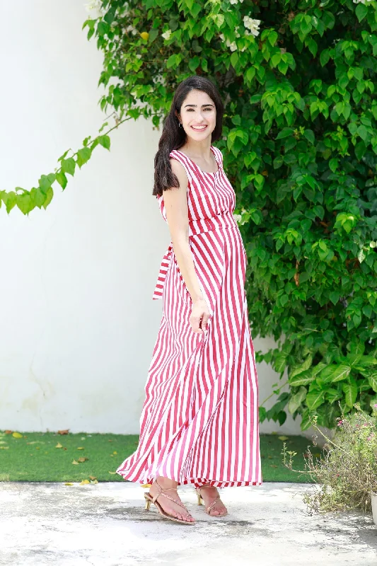 Breezy Red Striped Maternity & Nursing Long Maxi