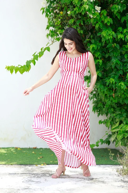 Breezy Red Striped Maternity & Nursing Long Maxi