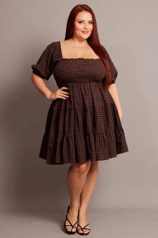 Brown Check Shirred Bodice Gingham Mini Dress