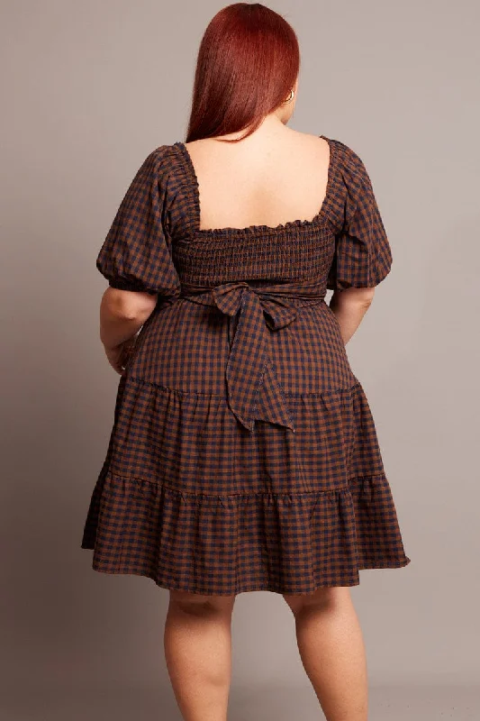 Brown Check Shirred Bodice Gingham Mini Dress