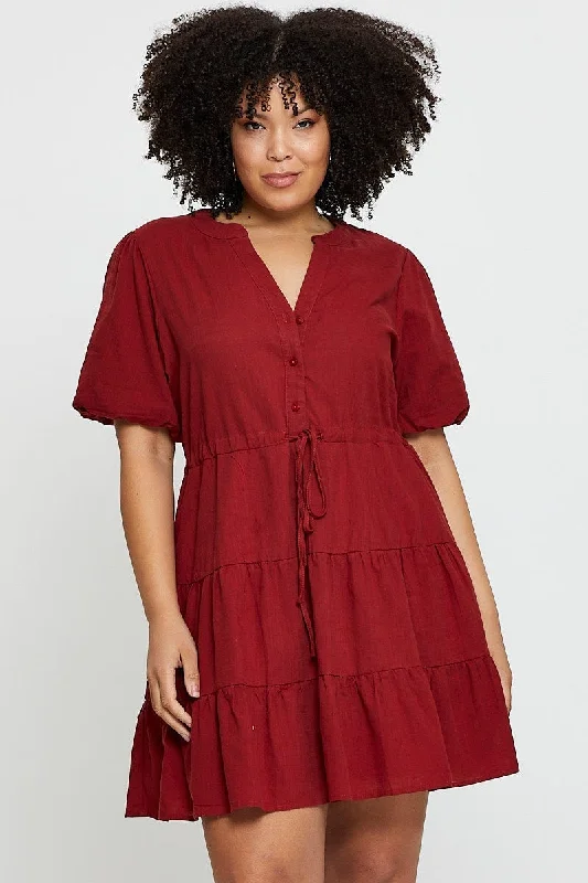 Brown Skater Dress V-neck Short Sleeve Button