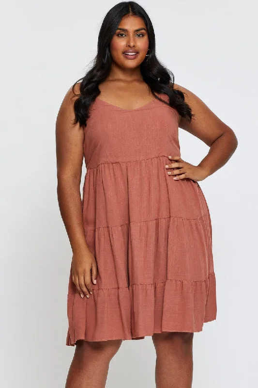 Brown Skater Dress V-neck Sleeveless Tie