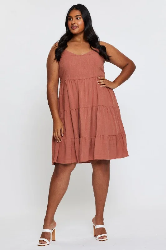 Brown Skater Dress V-neck Sleeveless Tie