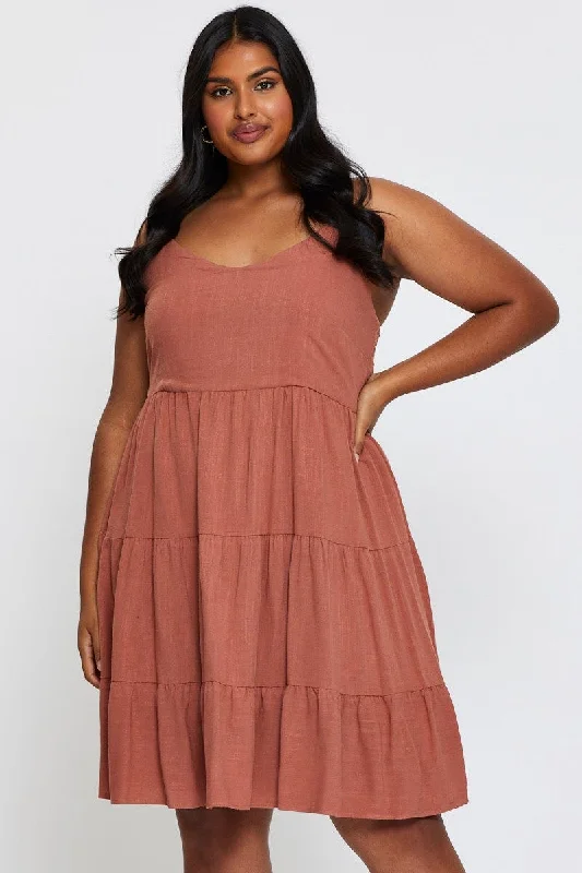 Brown Skater Dress V-neck Sleeveless Tie