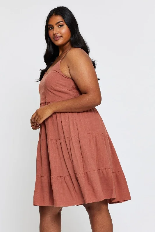 Brown Skater Dress V-neck Sleeveless Tie