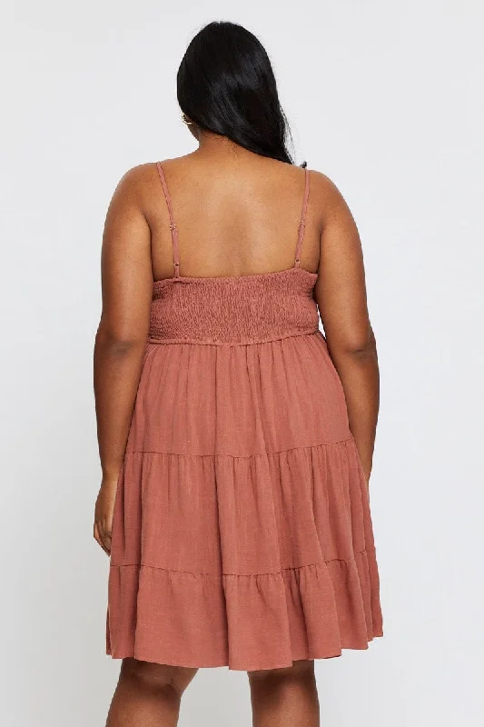 Brown Skater Dress V-neck Sleeveless Tie