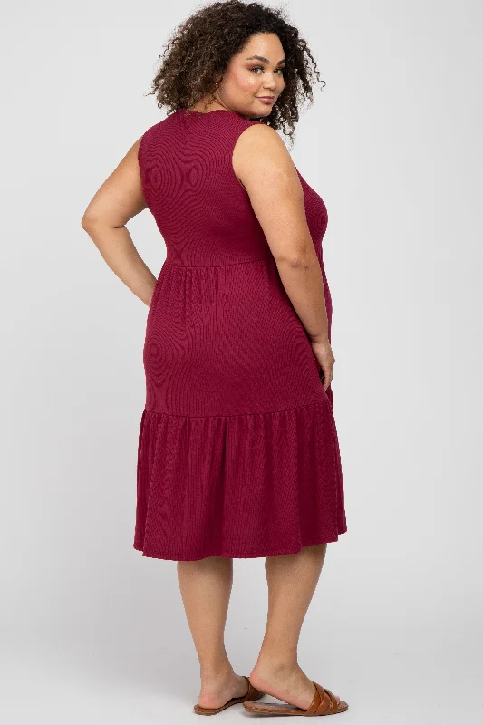 Burgundy Ribbed Sleeveless Plus Maternity Midi Dress