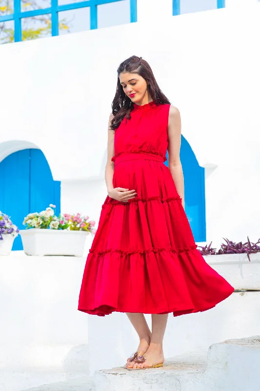 Candy Red Maternity & Nursing Concealed Zips Frill Dress