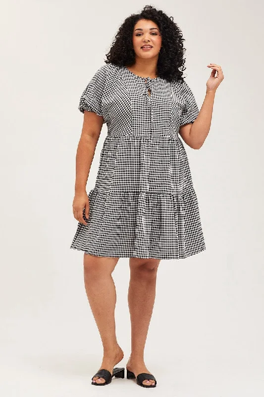 Check Skater Dress Round Neck Puff Sleeve