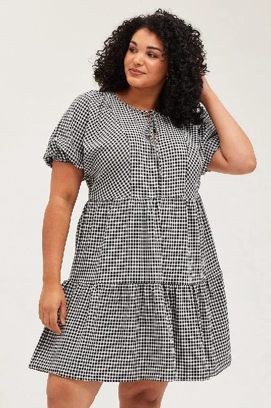 Check Skater Dress Round Neck Puff Sleeve