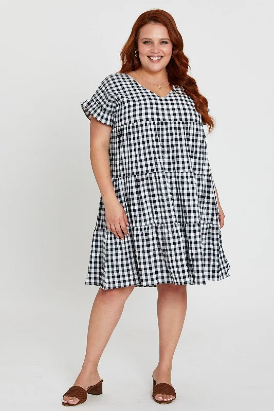 Check Skater Dress V-neck Short Sleeve