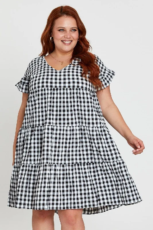 Check Skater Dress V-neck Short Sleeve