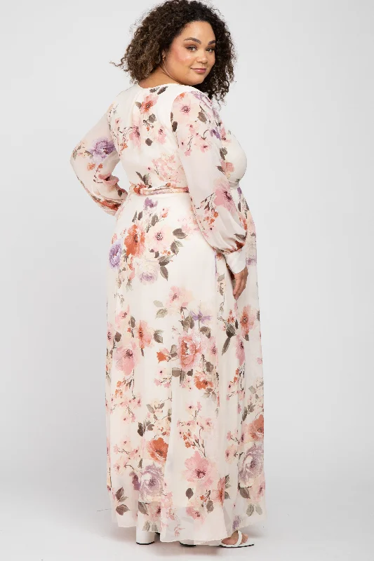 Cream Floral Chiffon Long Sleeve Pleated Maternity Maxi Dress