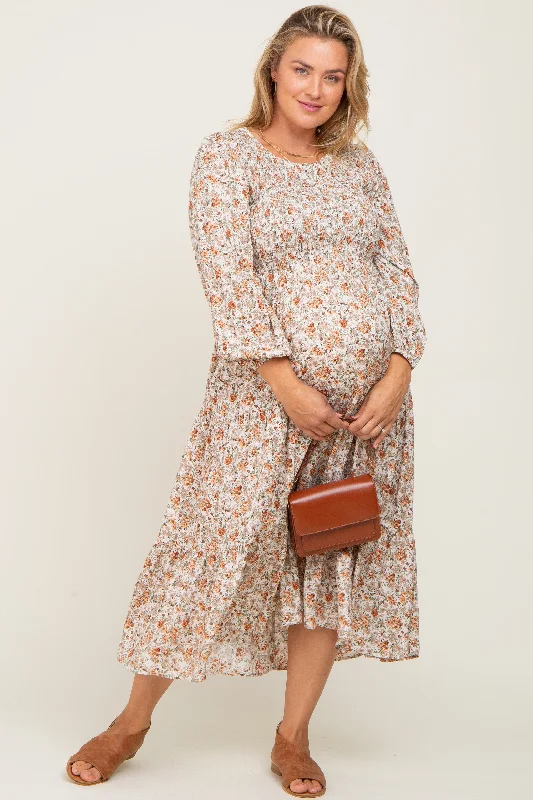 Cream Floral Smocked 3/4 Sleeve Maternity Plus Midi Dress