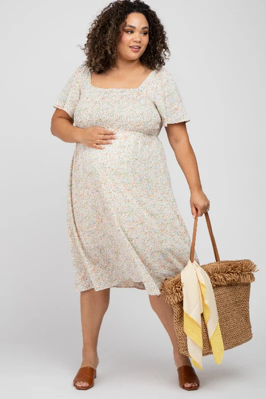 Cream Floral Smocked Square Neck Maternity Midi Dress