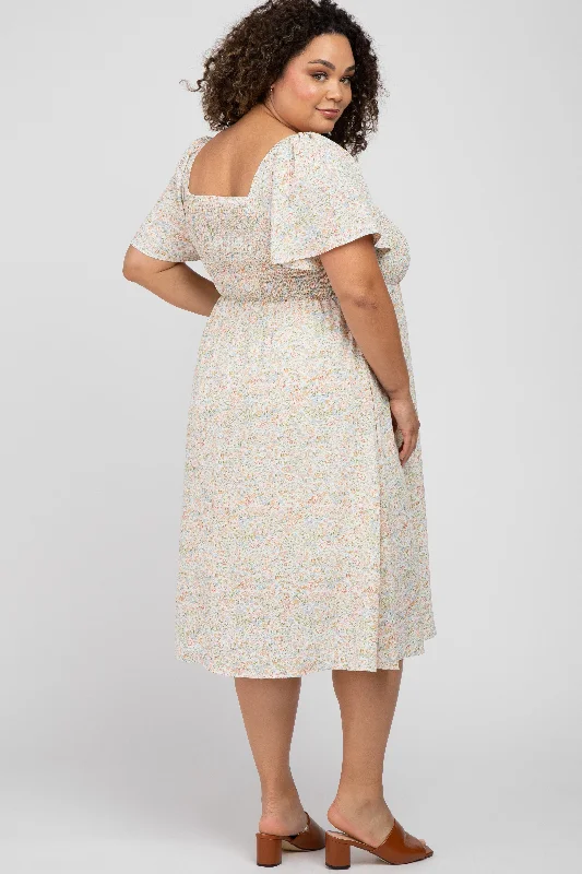 Cream Floral Smocked Square Neck Maternity Midi Dress