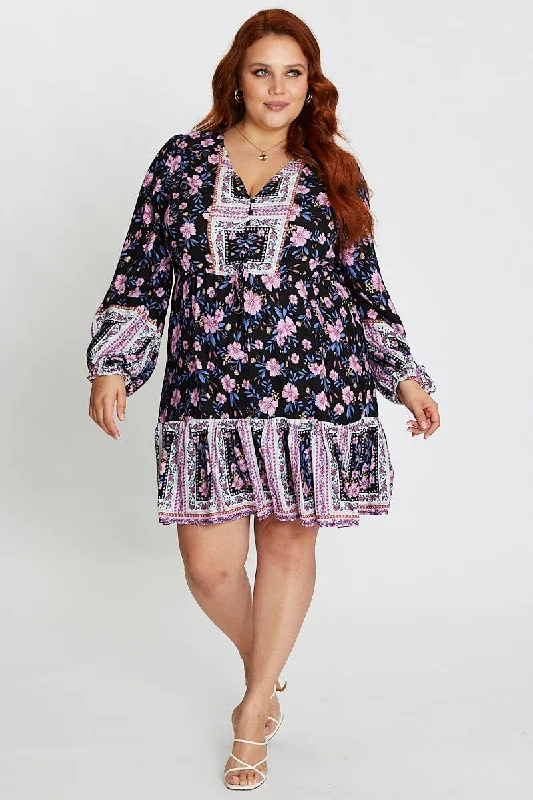 Floral Print Long Sleeve Boho Print Button Tiered Dress