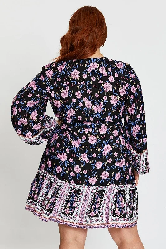 Floral Print Long Sleeve Boho Print Button Tiered Dress