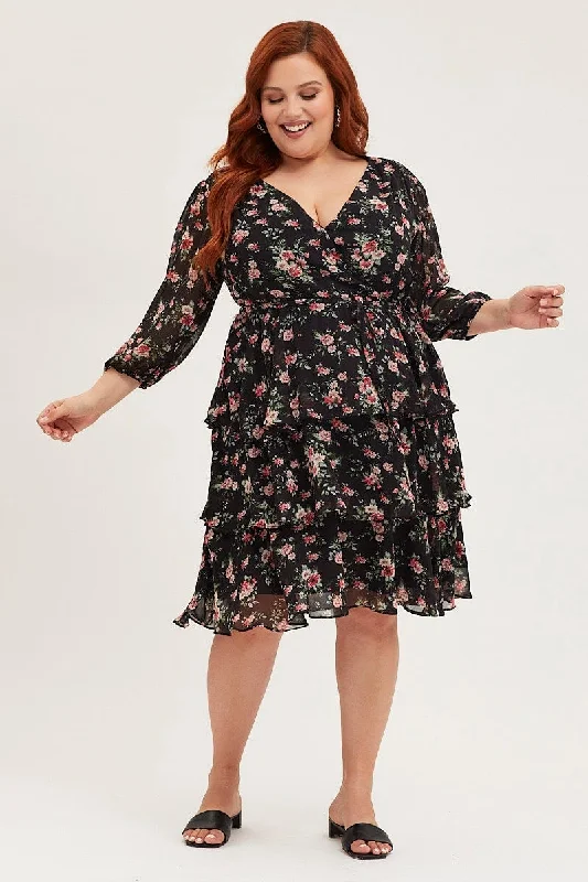 Floral Print Midi Dress V-neck Long Sleeve