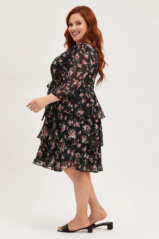 Floral Print Midi Dress V-neck Long Sleeve