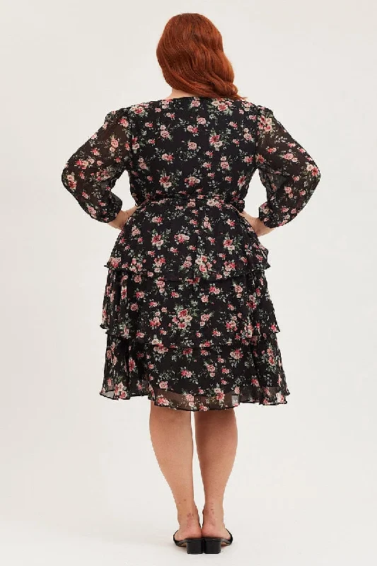 Floral Print Midi Dress V-neck Long Sleeve