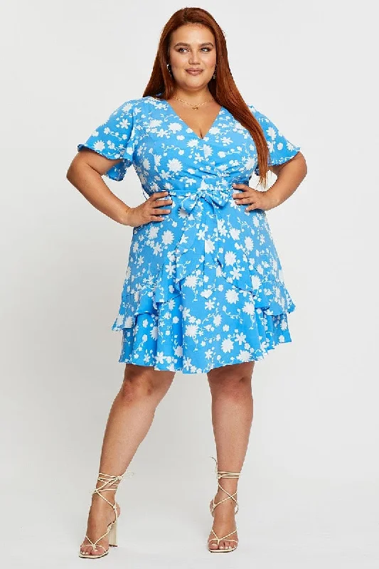 Floral Print Skater Dress V-neck Short Sleeve Ruffle