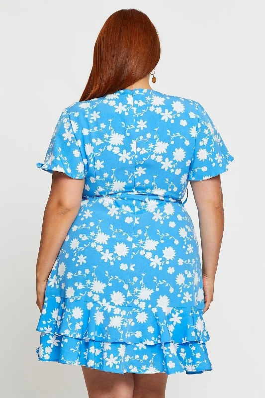 Floral Print Skater Dress V-neck Short Sleeve Ruffle