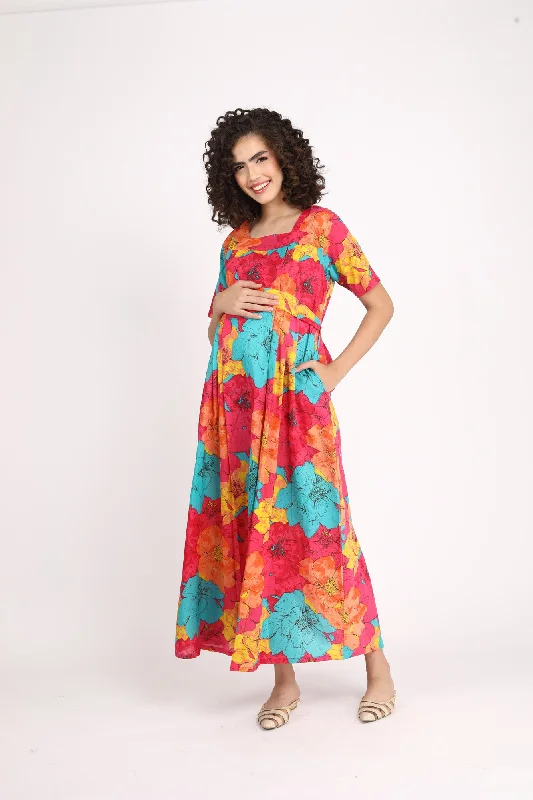 Fuchsia Maternity And Nursing Maxi Dress (100% Cotton)