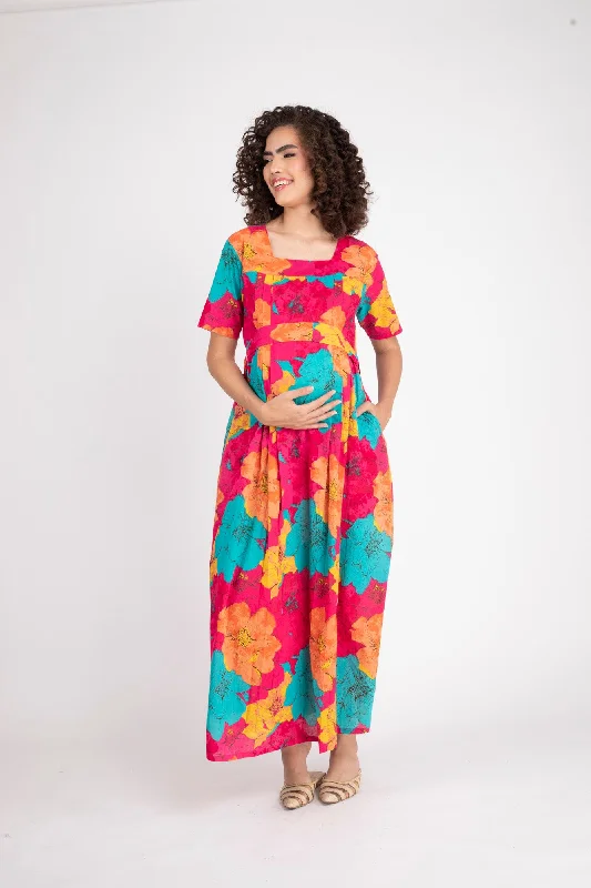 Fuchsia Maternity And Nursing Maxi Dress (100% Cotton)