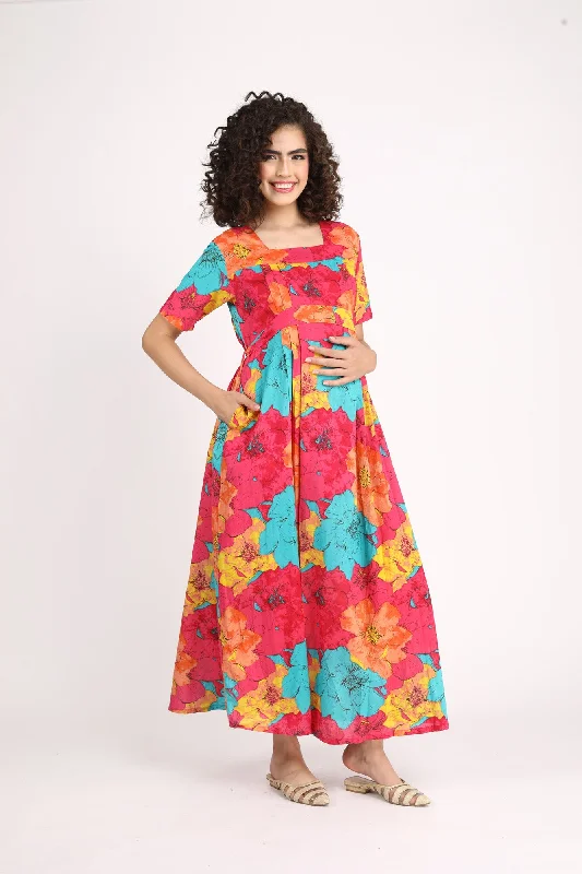 Fuchsia Maternity And Nursing Maxi Dress (100% Cotton)