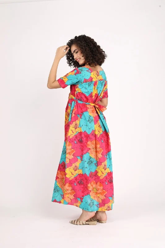 Fuchsia Maternity And Nursing Maxi Dress (100% Cotton)