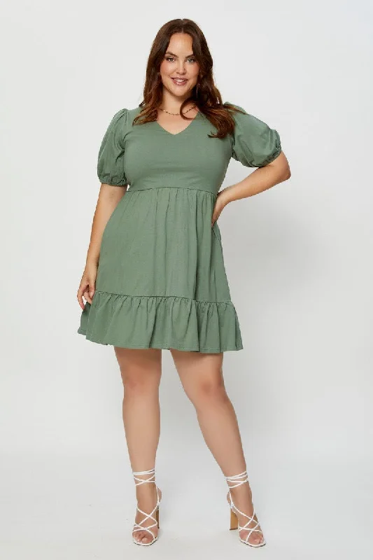 Green Skater Dress V-neck Puff Sleeve Ruffle Hem