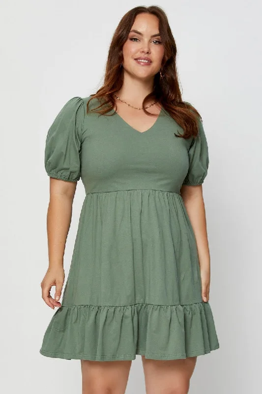 Green Skater Dress V-neck Puff Sleeve Ruffle Hem