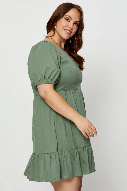 Green Skater Dress V-neck Puff Sleeve Ruffle Hem