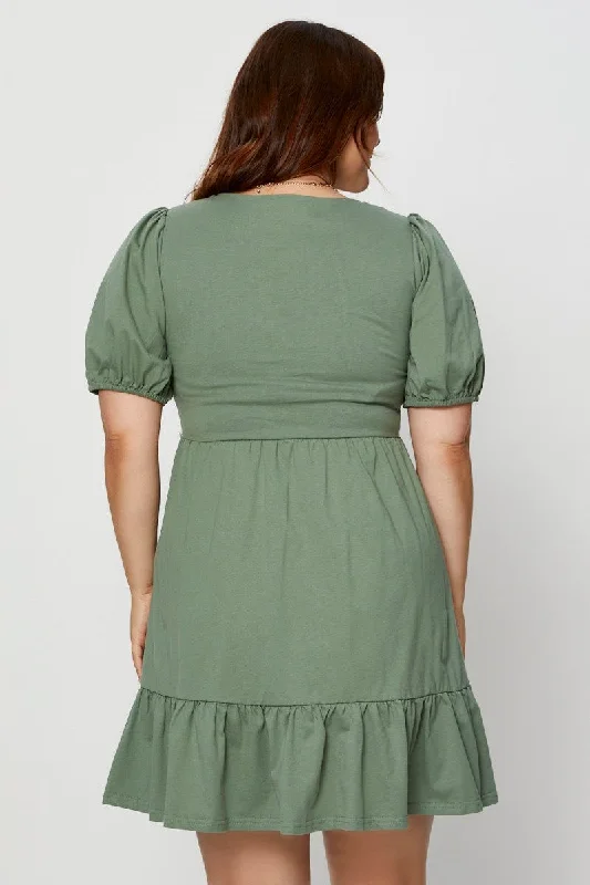 Green Skater Dress V-neck Puff Sleeve Ruffle Hem