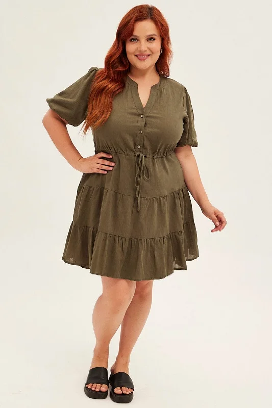 Green Skater Dress V-neck Short Sleeve Button