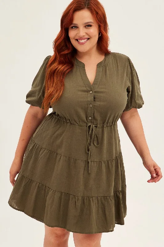 Green Skater Dress V-neck Short Sleeve Button