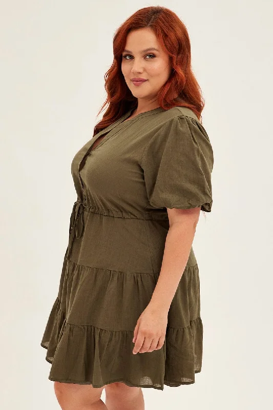 Green Skater Dress V-neck Short Sleeve Button