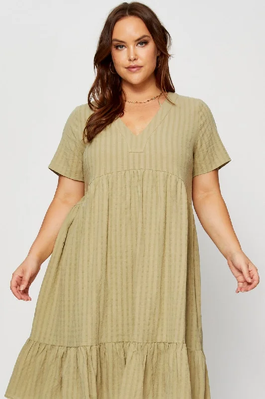 Green Skater Dress V-neck Short Sleeve