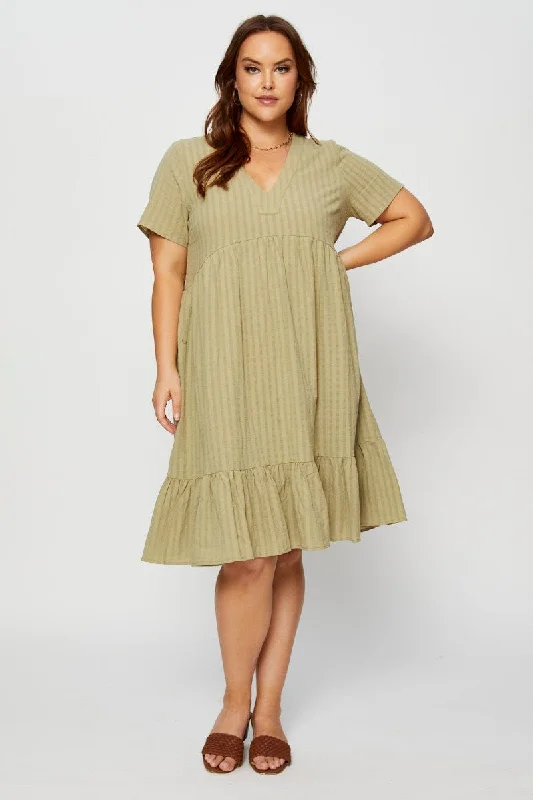 Green Skater Dress V-neck Short Sleeve