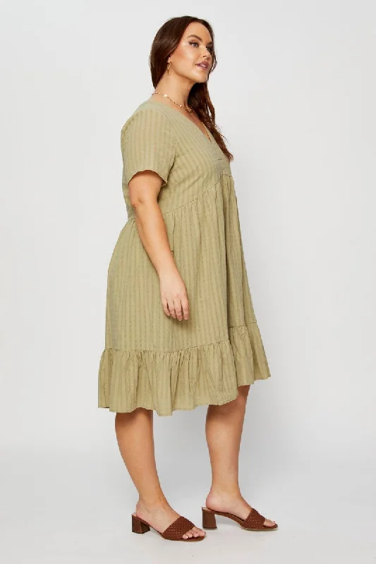 Green Skater Dress V-neck Short Sleeve