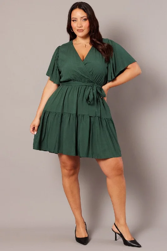 Green Wrapover Mini Dress Flare Sleeve Tie Waist