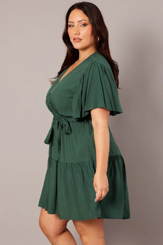 Green Wrapover Mini Dress Flare Sleeve Tie Waist