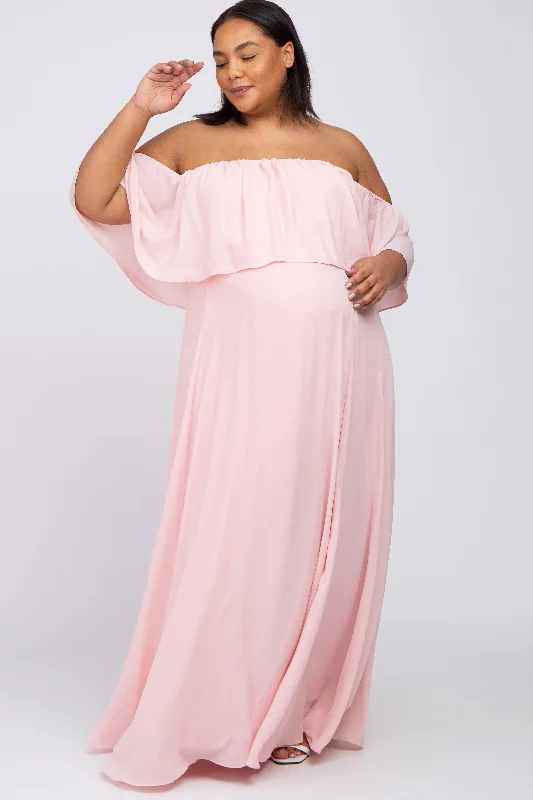 Light Pink Chiffon Off Shoulder Maternity Plus Gown