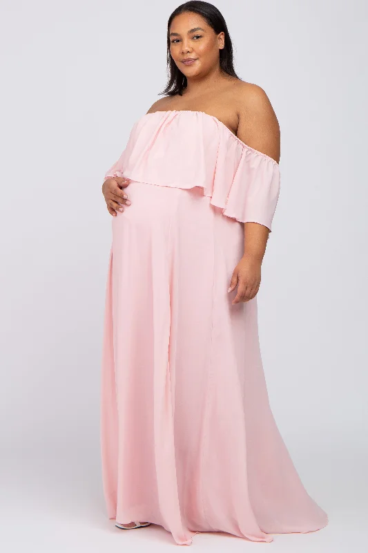 Light Pink Chiffon Off Shoulder Maternity Plus Gown