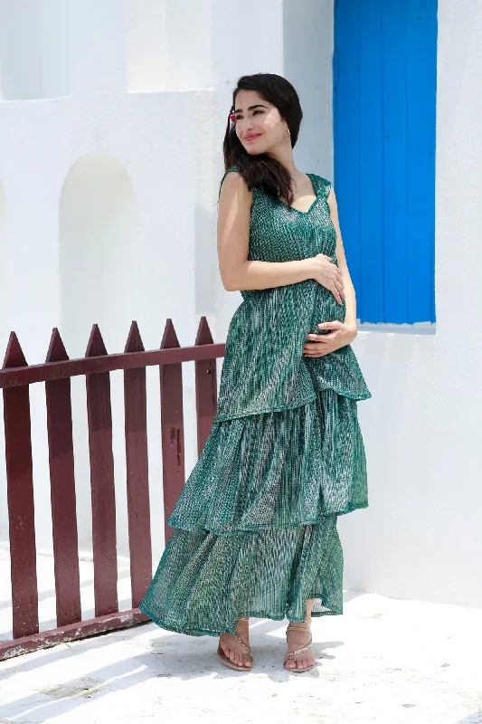 Luxe Sage Green Sparkling Maternity Tiered Dress