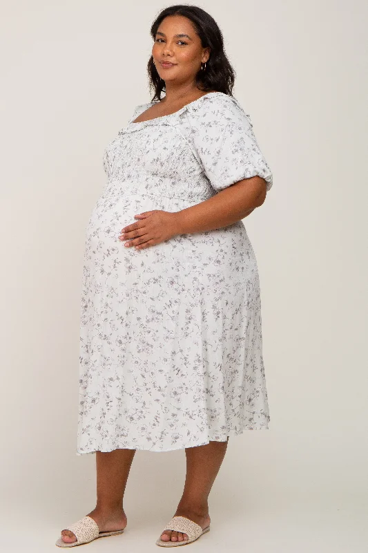 Mint Green Floral Smocked Puff Sleeve Maternity Plus Midi Dress